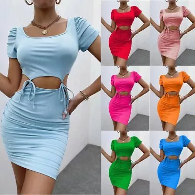 Stylish New Women Pleated Short Sleeves Bandage Bodycon Solid Club Dress Sexy • $24.58