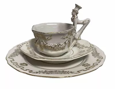 Art Deco Mepoco Japan Porcelain Tea Cup & Saucer Dessert Butler Figure Handle 1 • $75