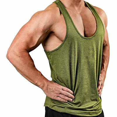 Mens Plain Gym Singlets Bodybuilding Tank Top Gym Stringer Y-Back Muscle Vest UK • £9.59