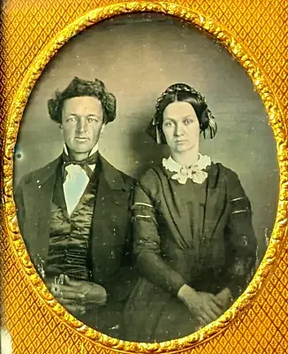 !/4 Plate Daguerreotype Of Handsome Couple Wild Hair Ribbons Full Case !! • $95