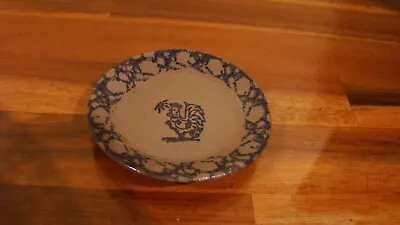 Spongeware Stoneware Plate ROOSTER/CHICKEN Miniature Handmade Primitive 3.25  • $15