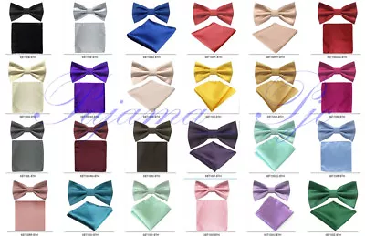 New Boy Kid Micro Fiber Bow Tie Solid Pre-tied Bowtie & Pocket Square Hanky Set • $11.37