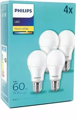 Philips LED 8W=60W Frosted Light Bulb E27 NonDim Warm White 2700K 806 Lm - 4pack • £12.98