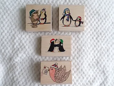  FUNSTAMPS Wood Mounted Rubber Stamps X 4  Robin Post Penguins Owl Lindsay Mason • £28