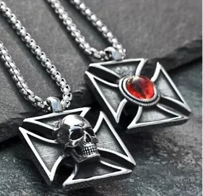 Mens Stainless Steel Skull Iron Cross Pendant Necklace Stainless Steel Knight • $11.88