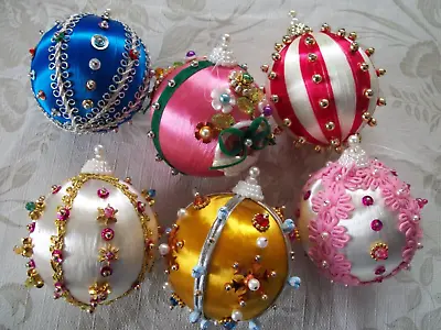 Vintage 6 Handmade Christmas Ornaments - Pushpin Beads Sequins Filigree Jewels • $25.94