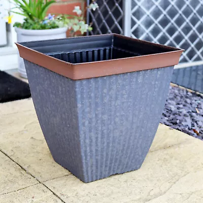 Square Garden Planter Galvanised Silver Metal Rust Brown Rim Flower Plant Pot • £16