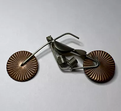 Vintage Motorcycle Brooch Copper Wheels Rhinestone Headlight Brass Heart Seat • $28.99