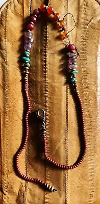 Vintage Necklace Turquoise Amythist Ruby Carnelian & Brass Beads   BROCKEN   • $5