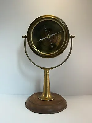 Vintage Freestanding Nautical Brass Compass On Wooden Base Swivel • $18.99