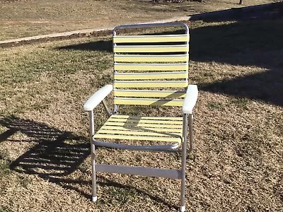 Vintage Vinyl Strap Folding Lawn Chair Beach Pool Fish Camp Yellow/grey • $50