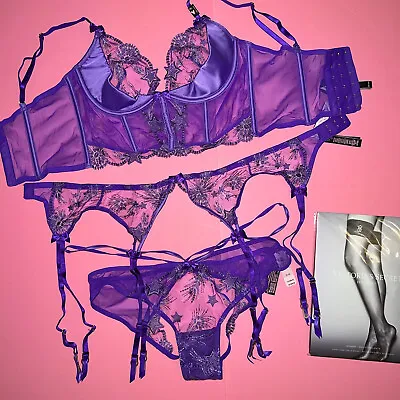 Victoria's Secret 32B34B34D36C CORSET TOP BRA SET+garter PURPLE STARSTRUCK • £134.98