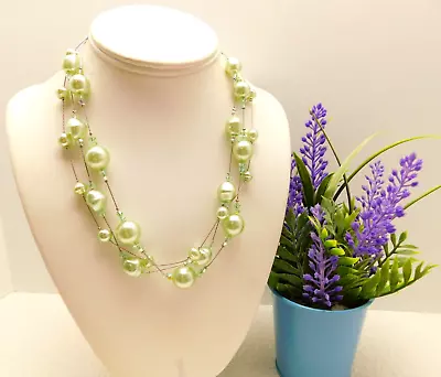 Vintage Dabby Reid 3 Strand Light Green Faux Pearl Designer Necklace 18  • $16