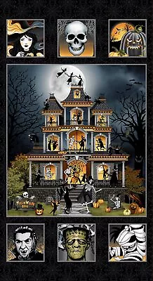 Henry Glass Halloween Ball Monster 24  Panel Black Cotton Fabric By The Panel • $12