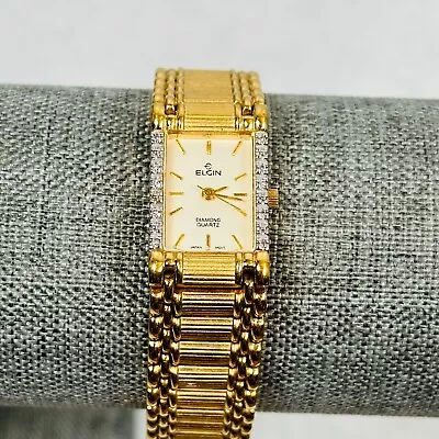 VTG Elgin Watch Women Diamond Quartz Gold Tone 17mm Rectangle New Battery • $49.95