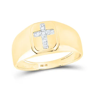 10K Yellow Gold Men's Cross Ring Round Diamond Recessed Wide Band .05Cttw • $366.78