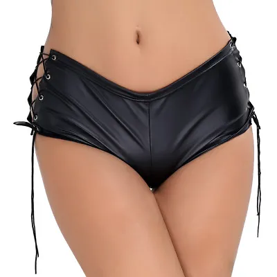 Women Latex Leather Panties Briefs Lace Up Shorts Top Knicker Underwear Clubwear • £5.14