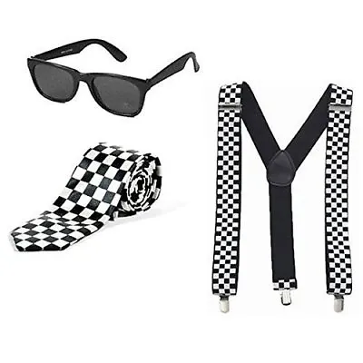 £39.99 • Buy Ska 1980s Retro Black White Chequered Sunglasses, Braces And Tie Set Fancy Dress