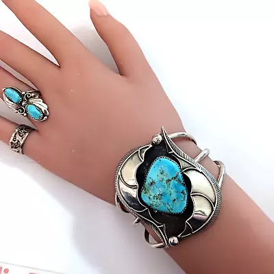 Vintage Navajo Turquoise Sterling Big Cuff Bracelet Signed (1509) • $165