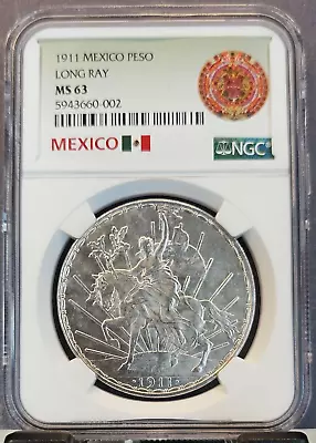 1911 Mexico Silver 1 Peso Long Ray Cabalitto Ngc Ms 63 Scarce High Grade • $1789.95