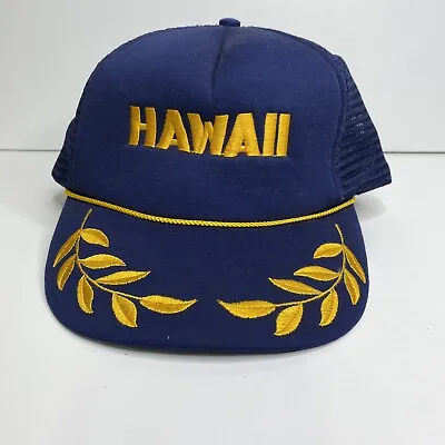 Vintage 80s Hawaii Blue With Yellow Leaves Trucker Hat Snapback Mesh Foam Rope • $11.68