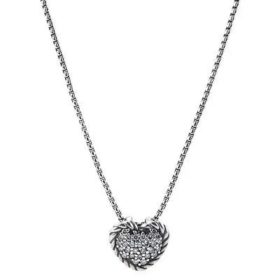 David Yurman 925 Sterling Silver Petite Pave Diamond Heart Pendant Necklace • $525