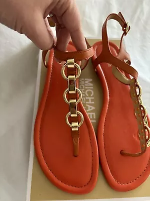NEW Michael Kors  Mahari  Leather Sandals With Gold Links Size 8 With Box-Read • $58.99