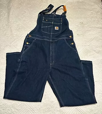 CARHARTT Overalls Mens 36 Blue Denim Loose Fit Bib  Outdoor Work Front Fly 36x32 • $65