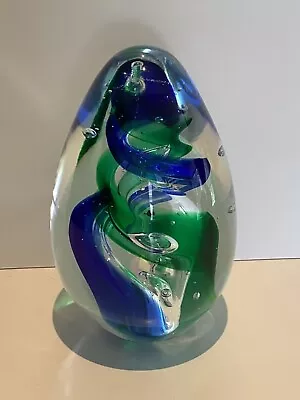 Vintage Large 5-1/4  Egg-shaped Paperweight Blue & Green Swirl • $15