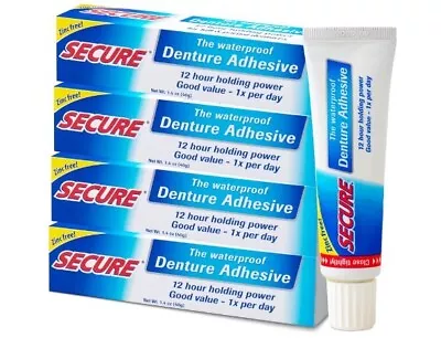 Secure Waterproof Denture Adhesive Zinc Free Extra Strong 12 Hour Hold (4 Pack) • $31.99