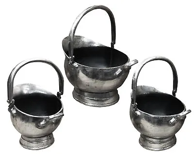 Set Of 3 Heavy Duty Vintage Coal Buckets Pewter • £148.82