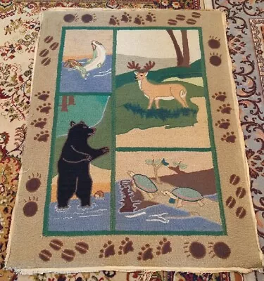 Vintage Handmade Adirondack Needle Point Rug Textile Sportsman Lake George NY • $216.60