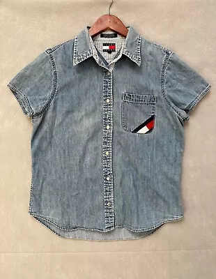 Vintage Tommy Hilfiger Denim Shirt Womens 8 Blue Tommy Jeans Logo Button Up 90s • $19.99