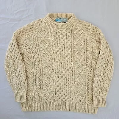 Vintage John Molloy Virgin Irish Wool Cable Knit Fishermans Sweater Cream Mens L • $49.97