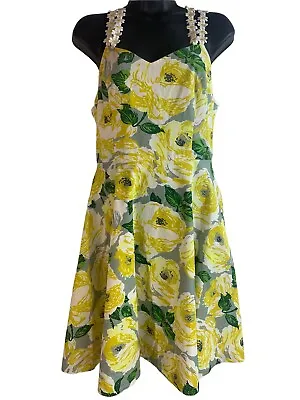  Horrockses Skater Cotton Mini Dress With Daisy Trim In Yellow Floral England 10 • £48.21