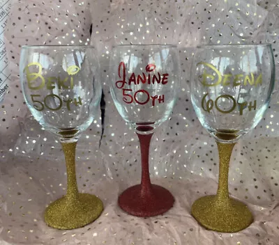 Personalised Glitter Wine Glass Birthday 18th 21st 30th 40th 50th 60th Gift Etc  • £5.49