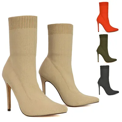 £32.99 • Buy Womens Ankle Boots Knit Ladies Pointed Toe Stiletto Heel Stretch Sock Booties