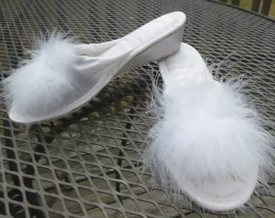 NOS Vtg 80s Beeline Fashions White Satin & Marabou Slipper Slides Sz Sm 5.5-6.5 • $29