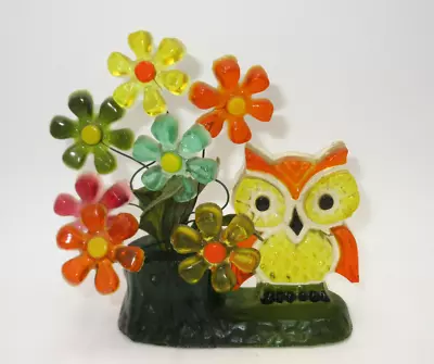 Vtg 60s 70s Mod Retro Acrylic Lucite OWL & Flowers On Tree Stump Figurine • $59