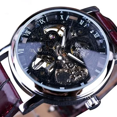 Men's Mechanical Skeleton Watch With Leather Brown Band- Black Face • $20.10