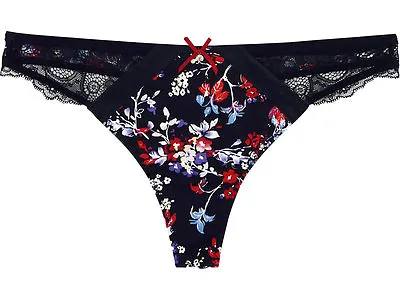 MARIE MEILI Sasha THONG TANGA BRIEF Size 8 BLACK Floral NEW • £9.25