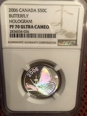 $395 • Buy 2006 PF70 Ultra Cameo Canada Hologram Silver 50c Butterfly Coin