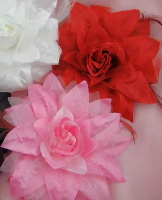 Pink Or Red 6  Silk & Organza Lily Leaf & Feather Brooch/corsage Or Hair Clip • £3.49