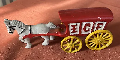 Vintage Cast Iron White Horse Drawn Red Ice Cart 7.5 Inch Buggy Wagon Good Cond • $15