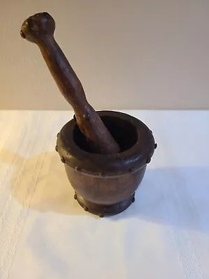 Vintage Wood Mortar And Pestle With Brass Accents 5”x4.5” • $25