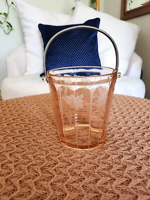 Vintage Pink Depression Glass Ice Bucket Etched Flowers Faceted Silver Handle • $28.80