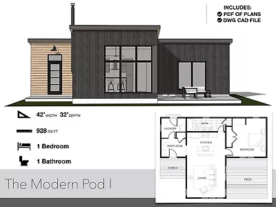 928 SQ FT Tiny House 42'-0  X 32'-0  Cabin Floor Plans Modern House Plans • $28