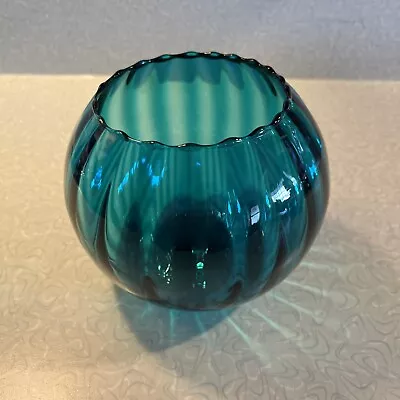 Small Italian Empoli Optic Internally Ribbed Blue Glass Globe Orb Vase 6.25” • $34.99