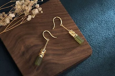 Green Jade Drop Dangle Earrings Gemstone Boho Minimalist Hook 18K Gold Plated • $12.95