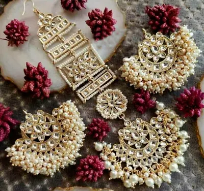 $25 • Buy Bollywood Style Indian Bridal Pearl Kundan Tikka Stud Earrings Jewelry Set